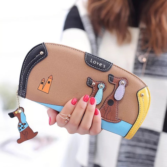 Handbags - Silly Cartoon Dog Brown Vegan Leather Clutch Wallet